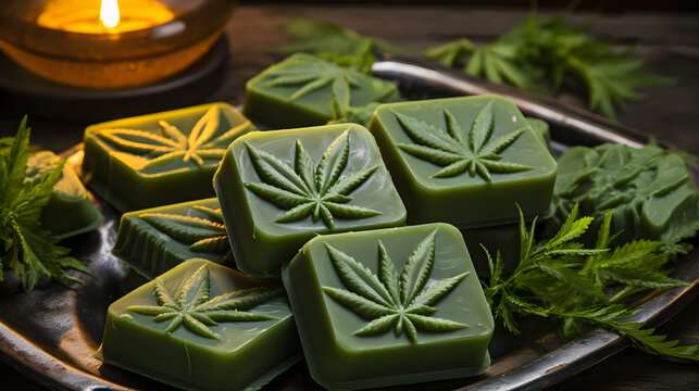 Handgemachte Cannabis Seife mit Cannabisblatt drauf 