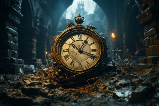 Shattered Time: A vintage clock broken into pieces, with the hands still ticking amidst the ruins, symbolizing fleeting time or the relentless nature of life. 