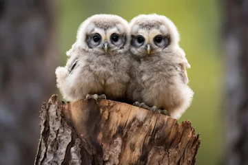 Tuinposter Boreal owl chicks next to each other © Veniamin Kraskov
