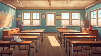 Empty classroom illustration for Game and Cartoon background and banner, Generative Ai