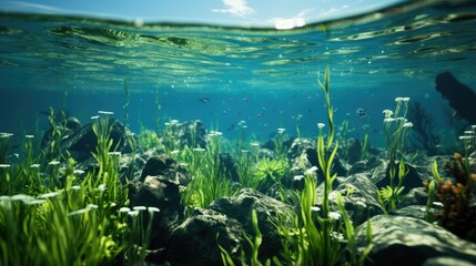 Fototapeta na wymiar Underwater view of seabed with green seagrass