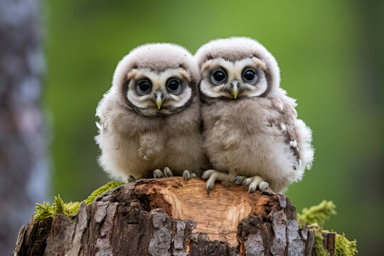 Boreal owl chicks next to each other