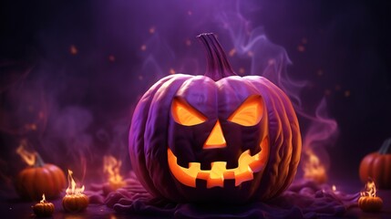  a halloween pumpkin with glowing eyes and a glowing face on a dark background.  generative ai