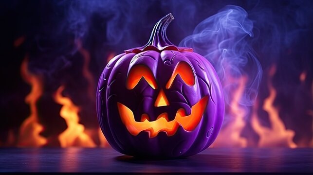  A Purple Pumpkin Sitting On Top Of A Table Next To A Fire.  Generative Ai