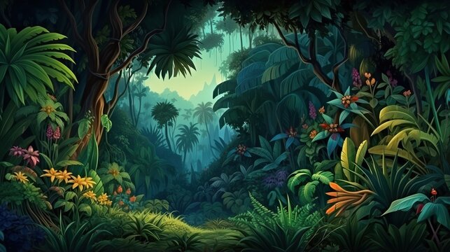  a painting of a jungle with lots of trees and plants.  generative ai