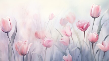  a painting of pink tulips in a field of grass.  generative ai - obrazy, fototapety, plakaty