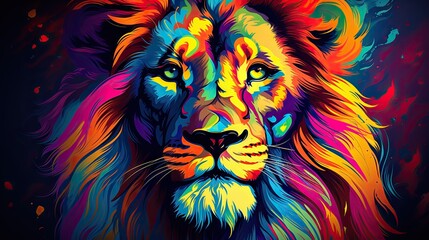  a colorful lion is shown on a black background with a red, yellow, and blue lion's head.  generative ai
