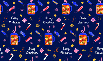 Christmas seamless pattern. Sample with winter drinks, tea with lemon and spices. Vector background in flat style. For printing on wrapping paper, textiles, wallpaper.