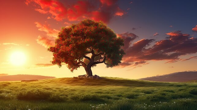  a painting of a tree on a hill with a sunset in the background.  generative ai