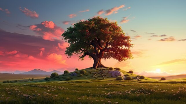  a painting of a tree on a hill with a sunset in the background.  generative ai