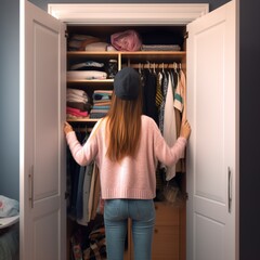 Woman standing in a closet with in the style of schoolgirl lifestyle