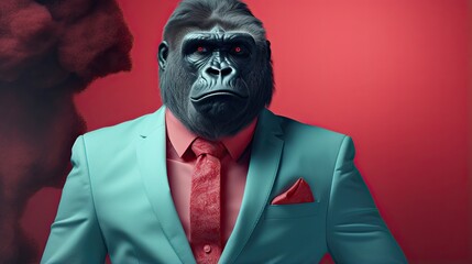  a gorilla in a suit and tie with a red background.  generative ai