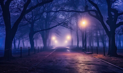 Foggy night park. Mysterious alley background.