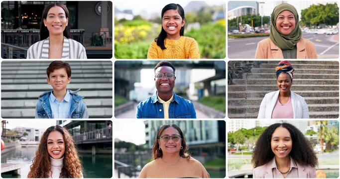 Collage, diversity and face of people with smile for community, multicultural and international group. Montage, collection and portrait of men and women in city with happiness, pride and culture