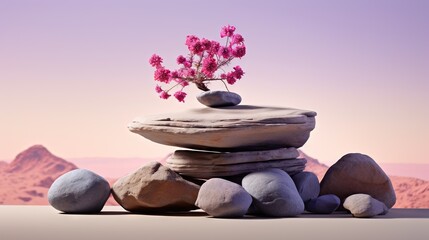  a rock stack with a vase of flowers on top of it.  generative ai