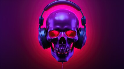  a skull wearing headphones with a red light in the background.  generative ai