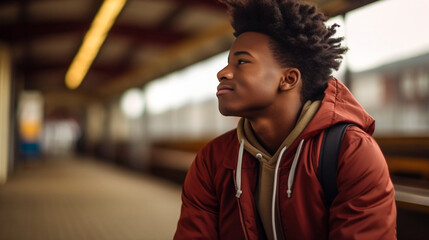 copy space, a closeup photo portrait of handsome afro american teenage guy sitting on a bench on the railway platform.  Waiting for the train to arrive. Travel photo.