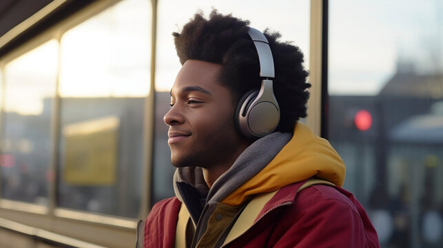 side view, a closeup photo portrait of handsome afro american teenage guy sitting on a bench on the railway platform listening to music with over-ear headphones. Waiting for the train to arrive. Trave