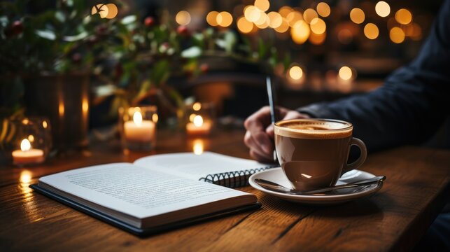 an person while sitting at a table with a notebook and taking notes with a pen in a cozy blurred coffee shop