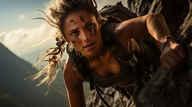 A pretty young adventurer climbing through rocks