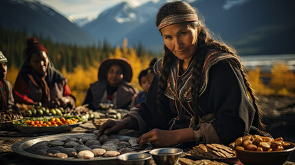 Native Americans prepare food outside in nature like in Alaska