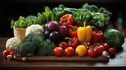 Assorted organic vegetables and fruits in basket on bright kitchen background