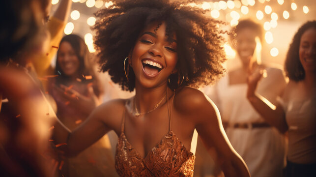 Beautiful African Woman Dancing At Gala Event. Female In Evening Dress Enjoying Dancing At Party With Friends Around.