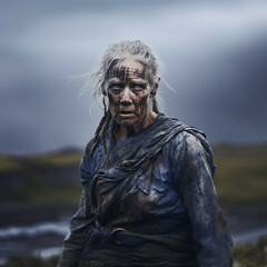 Tired and muddy elderly female warrior on a wet battlefield in the Scottish highlands