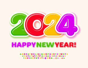 Vector traditional Wish Card New Year 2024! Bright Kids Font. Creative set of Alphabet Letters and Numbers