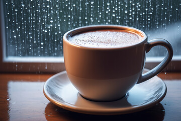 A ceramic cup of hot cocoa placed beside a window, rain droplets visible on the glass