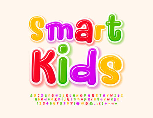 Vector playful Emblem Smart Kids. Colorful glossy Font. Bright handwritten Alphabet Letters and Numbers set