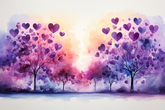 Watercolor flowering trees in lilac color on a background of pink clouds and hearts, valentine
