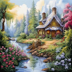 Selbstklebende Fototapeten Cross stitch pattern. Cross stitching embroidery with rustic landscape of an old house over a river and a blooming garden. Picturesque landscape illustration as a template for a cross stitching scheme © Alina
