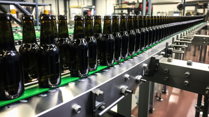 Glass bottles of beer. Concept brewery plant production line.