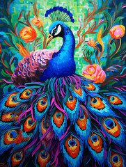 Embroidery of a peacock in jungle. Cross stitch pattern. Cross stitching illustration of a majestic peacock displaying its vibrant feathers as template for cross stitching scheme