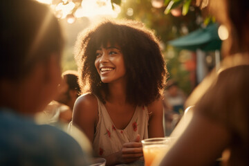 A diverse group of african friends shares joy, laughter, and a delicious meal outdoors, celebrating togetherness in a multicultural gathering - obrazy, fototapety, plakaty