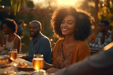 A diverse group of african friends shares joy, laughter, and a delicious meal outdoors, celebrating togetherness in a multicultural gathering