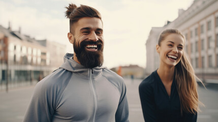 Couple stretching outdoors before morning run. Handsome bearded man and attractive sporty woman running on the street.