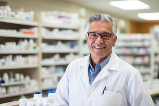 A professional pharmacist in his 40s, dressed in a lab coat, stands in the pharmacy, expertly dispensing medicine and providing healthcare service
