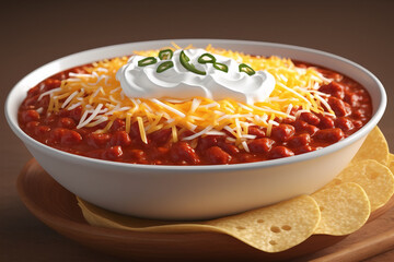 Bowl of hot chili garnished with shredded cheese and a dollop of sour cream