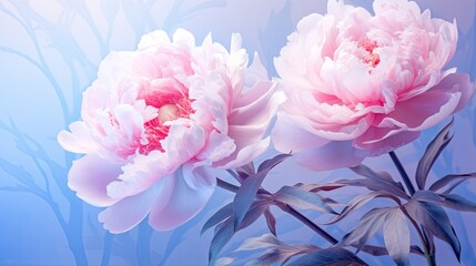  two large pink flowers with leaves on a blue and pink background.  generative ai