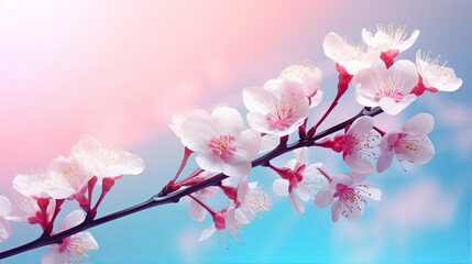  a branch with white and pink flowers against a blue and pink background.  generative ai