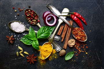 Set of natural organic asian spices . Top view with copy space.