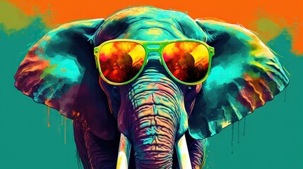  an elephant with sunglasses on its head and a green background.  generative ai