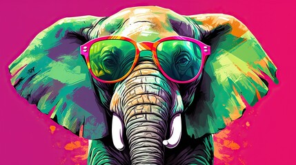  an elephant with glasses on its face and a pink background.  generative ai