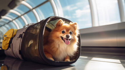 Dog sits in a carrier bag in airport .