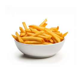 A White Bowl Of Crispy French Fries Isolated On White Background