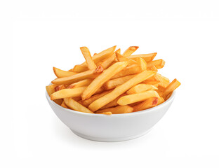 A White Bowl Of Crispy French Fries Isolated On White Background