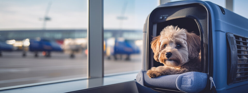 Dog sits in a carrier bag in airport .