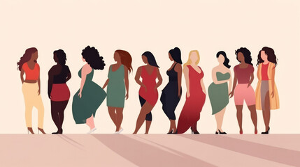Group of women with different body and ethnicity posing together to show the woman power and strength. Curvy and skinny kind of female body concept, body positive and body acceptance
